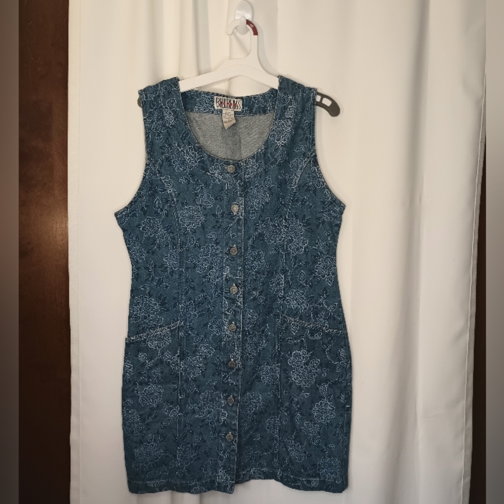 Vintage 90s Bill Blass Denim Jumper Dress Small Floral Button Overall Cottage